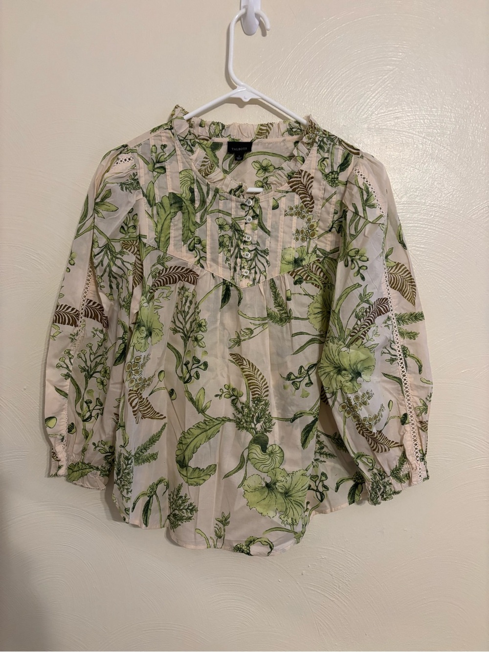 Talbots Cream Blouse with Green Botanical Print and Pintuck Detail